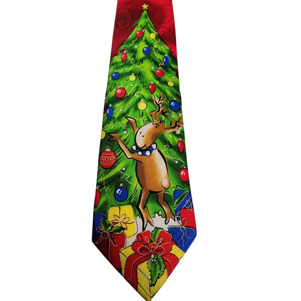 J. Garcia Mens Christmas Tie Red‎ Reindeer Christmas Tree Silk Necktie 3.5 x 62